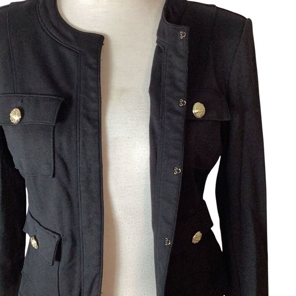Carmen Marc Valvo Black Military Jacket Gold Buttons M Ponte Knit - Picture 5 of 10
